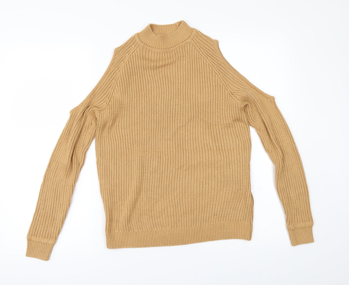 Front view of H&M women’s beige jumper, size XS, - cold shoulder