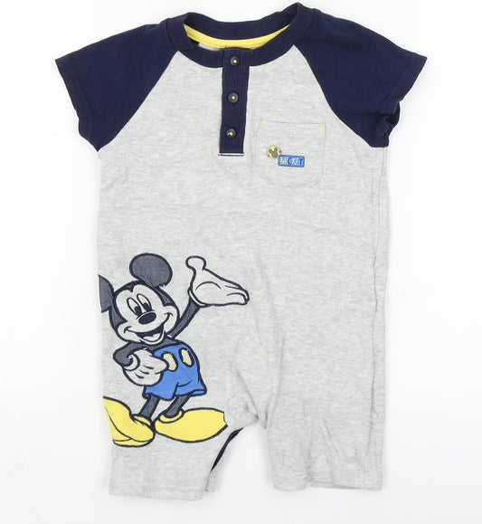 Front view of George Baby Grey Babygrow One-Piece, size 9-12, Months - mickey mouse