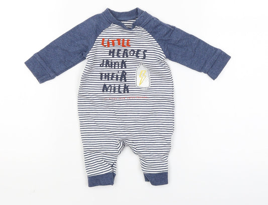 Front view of Mothercare Baby Blue Striped Babygrow One-Piece Size Newborn - little heroes drink their milk