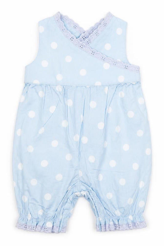 Front view of Tiny Ted Baby Blue Polka Dot Dungaree One-Piece, size 0-3, Months