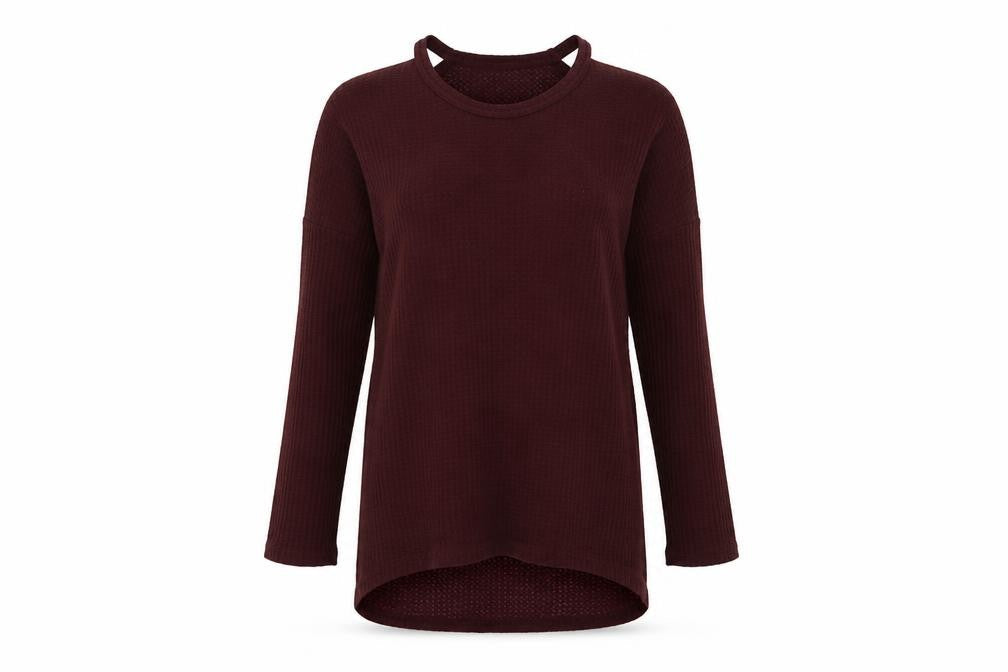 Front view of bonicaro women’s purple jumper, size L, - cold shoulder