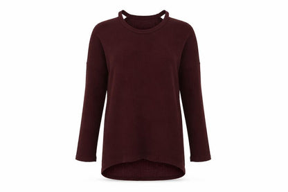 Front view of bonicaro women’s purple jumper, size L, - cold shoulder