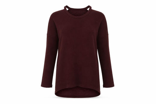 Front view of bonicaro women’s purple jumper, size L, - cold shoulder