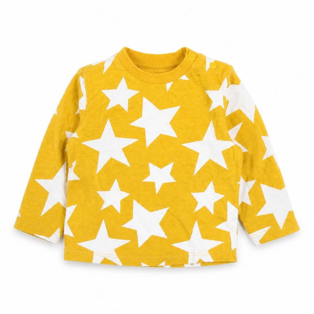 Front view of F&F boys’ yellow geometric basic t-shirt, size 6-9, months - star pattern