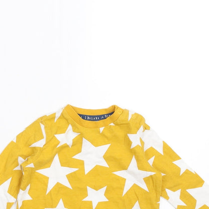 Close-up detail of F&F boys’ yellow geometric basic t-shirt, size 6-9, months - star pattern