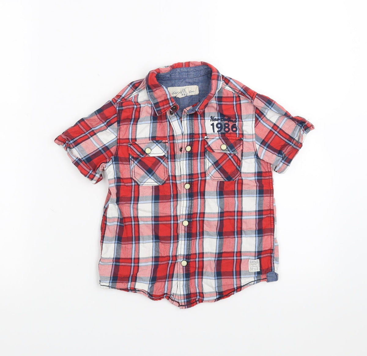 Front view of H&M boys’ red check basic button-up, size 4-5, years