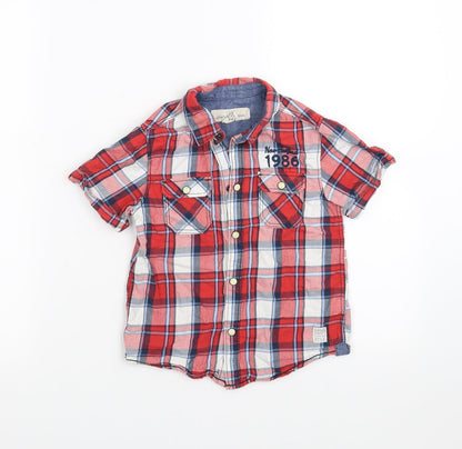Front view of H&M boys’ red check basic button-up, size 4-5, years