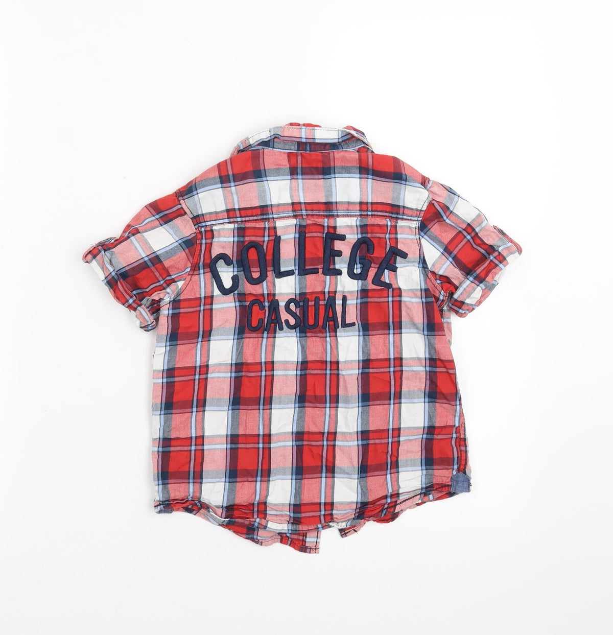 Back view of H&M boys’ red check basic button-up, size 4-5, years