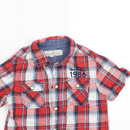 Close-up detail of H&M boys’ red check basic button-up, size 4-5, years