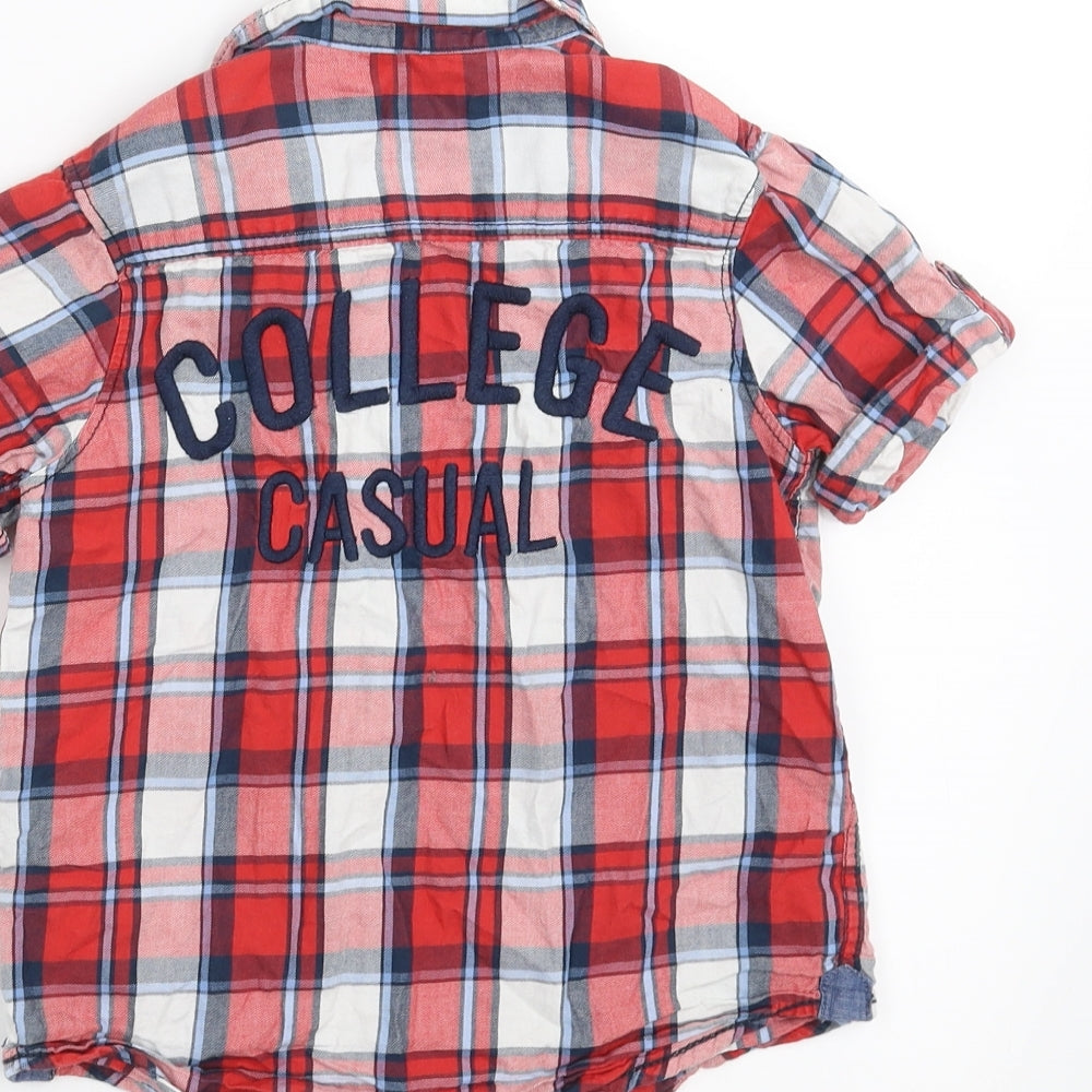 Brand and care label for H&M boys’ red check basic button-up, size 4-5, years