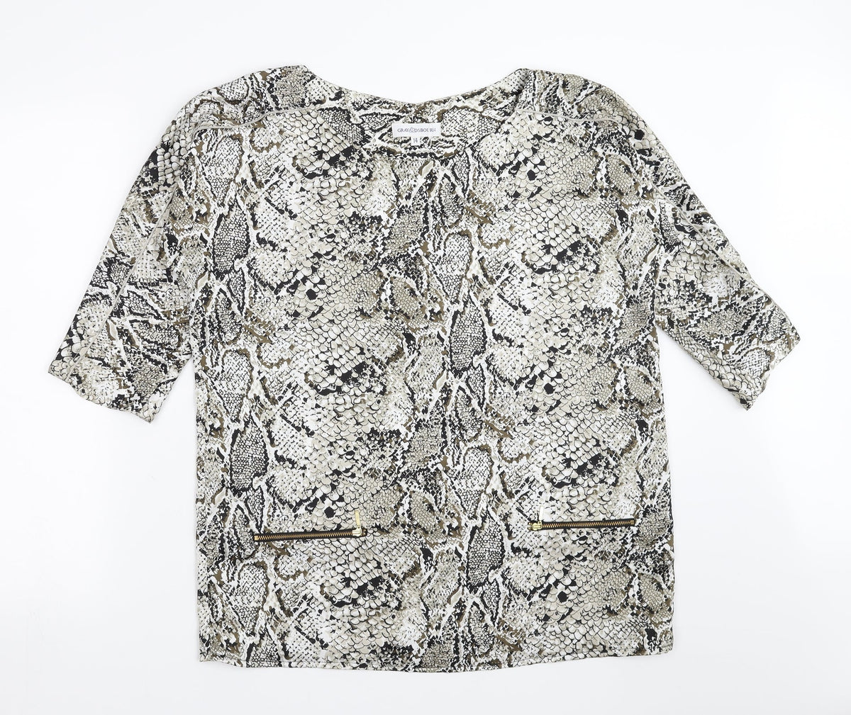 Additional front view of Gray&Osourne women’s grey animal print basic blouse, size UK 14