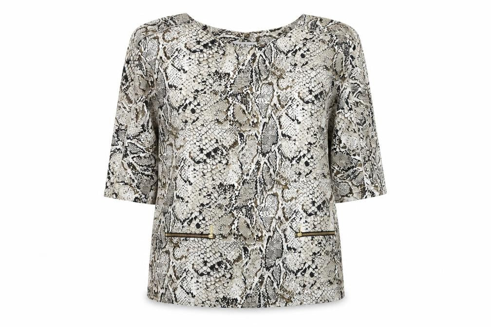 Front view of Gray&Osourne women’s grey animal print basic blouse, size UK 14