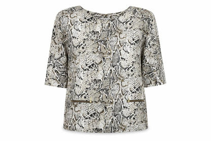 Front view of Gray&Osourne women’s grey animal print basic blouse, size UK 14
