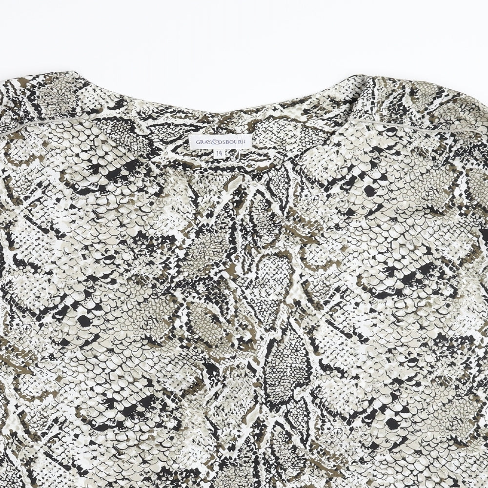 Close-up detail of Gray&Osourne women’s grey animal print basic blouse, size UK 14