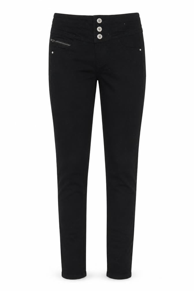 Front view of Denim & Co. women’s black skinny jeans, size UK 6, 29-inch leg