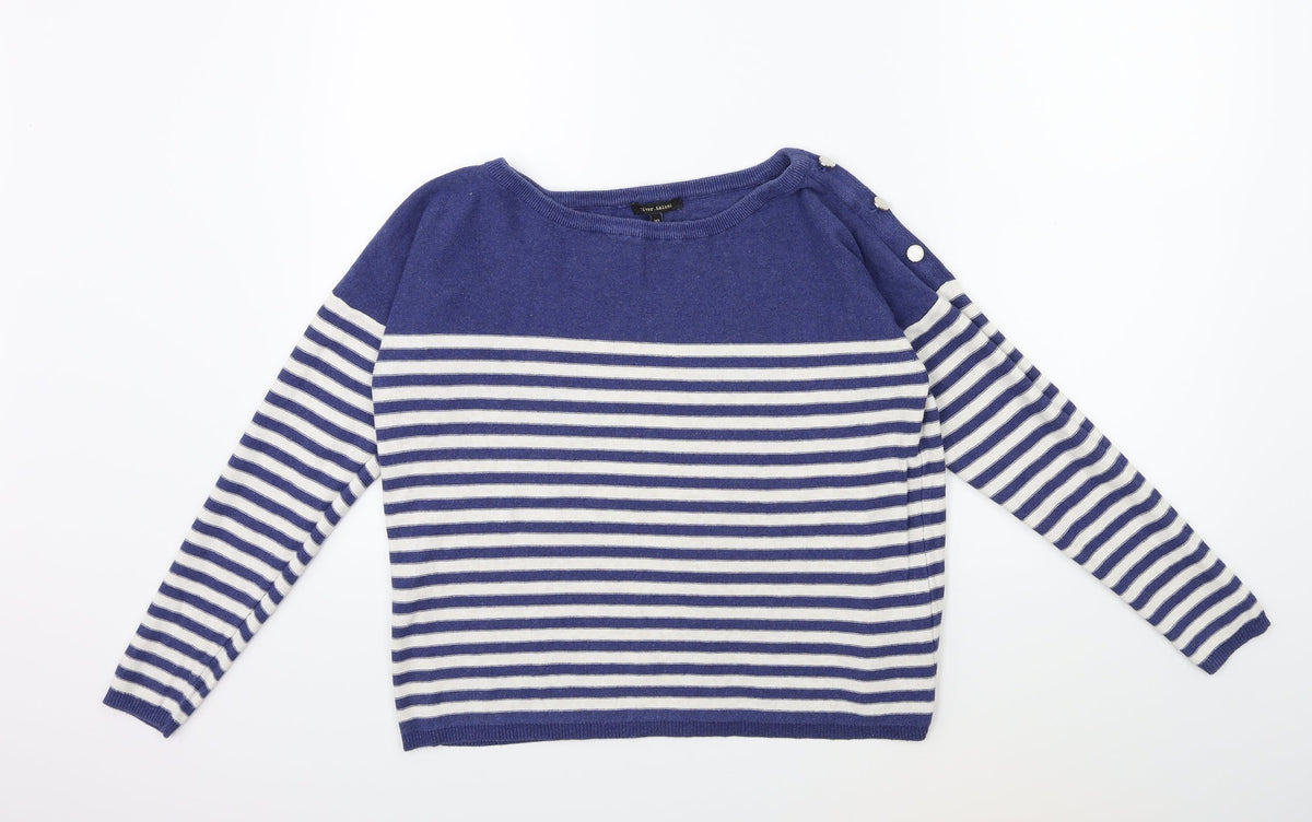 Front view of River Island women’s white striped knit jumper, size UK 10