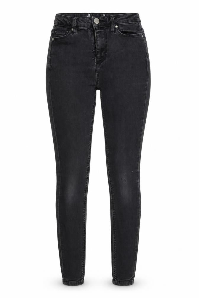 Front view of Missguided women’s black denim skinny jeans, size UK 8, 27-inch leg