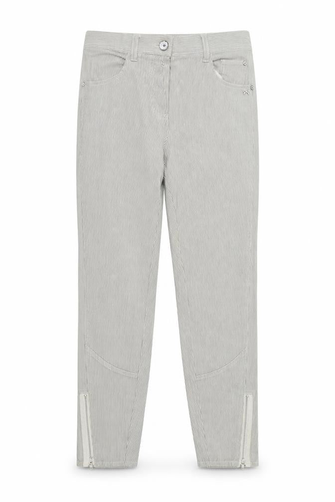 Front view of women’s beige striped denim straight jeans, size UK 12, 26-inch leg