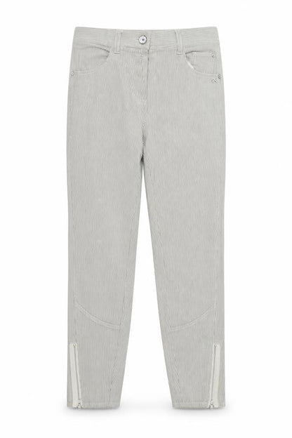 Front view of women’s beige striped denim straight jeans, size UK 12, 26-inch leg