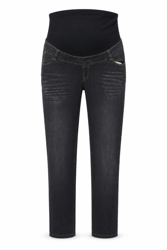 Front view of women’s grey denim tapered jeans, size UK 40, in, 29-inch leg