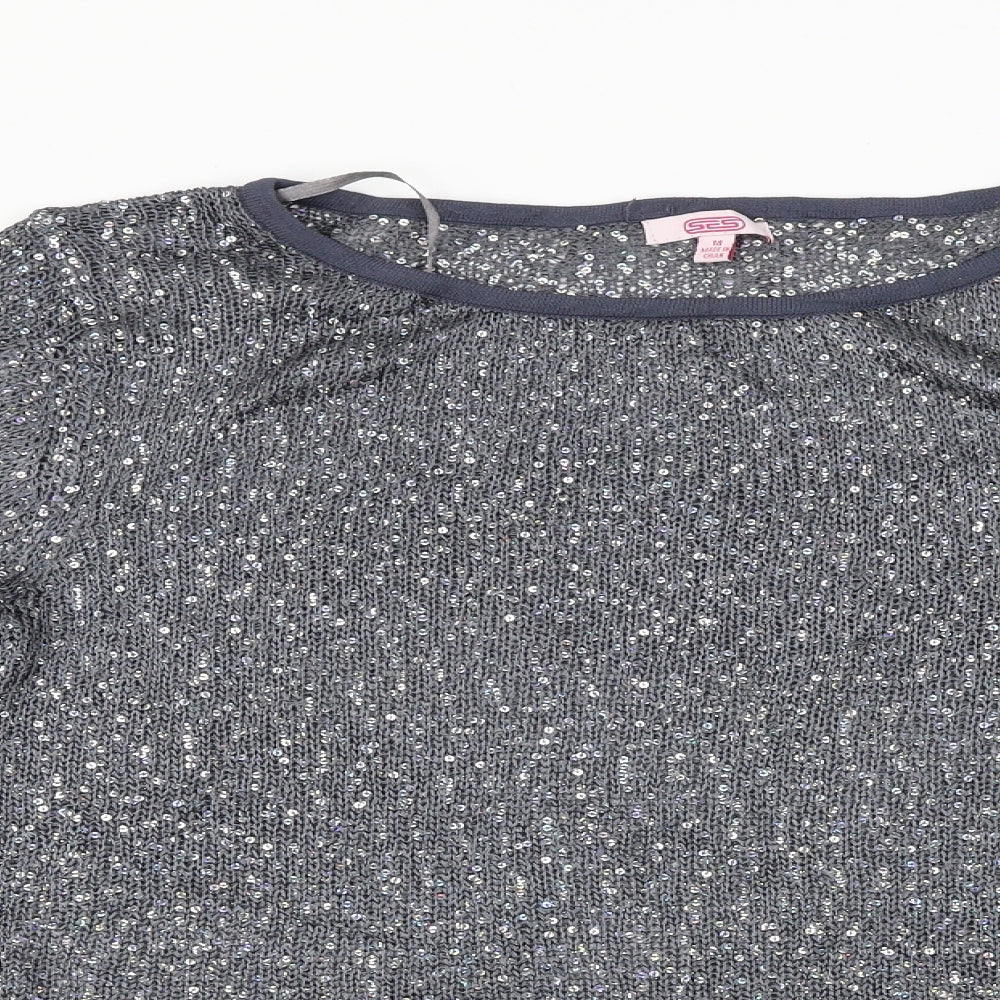 Close-up detail of grace fashion women’s blue jumper, size UK 14