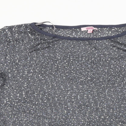 Close-up detail of grace fashion women’s blue jumper, size UK 14