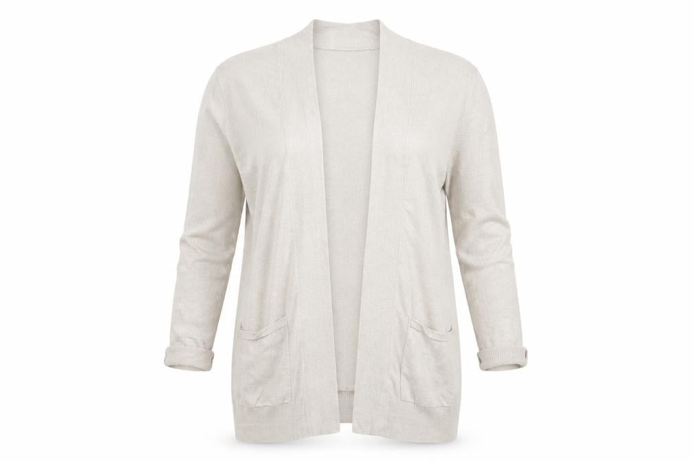 Front view of Peacocks women’s beige cardigan jumper, size UK 14