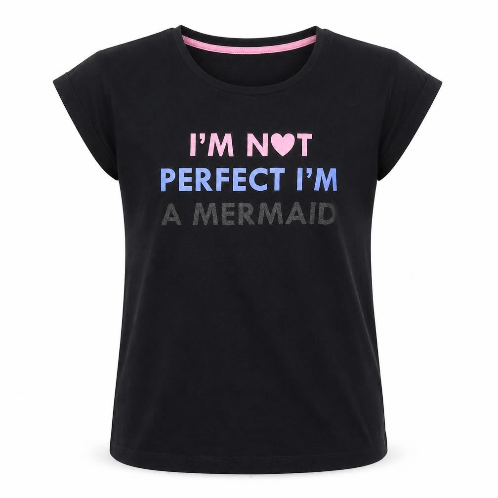 Front view of MAX girls’ black basic t-shirt, size 11-12, years - mermaid