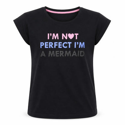 Front view of MAX girls’ black basic t-shirt, size 11-12, years - mermaid