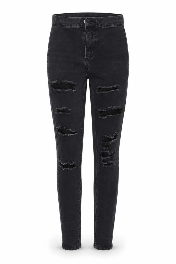 Front view of Topshop women’s black denim skinny jeans, size UK 25, in, 26-inch leg