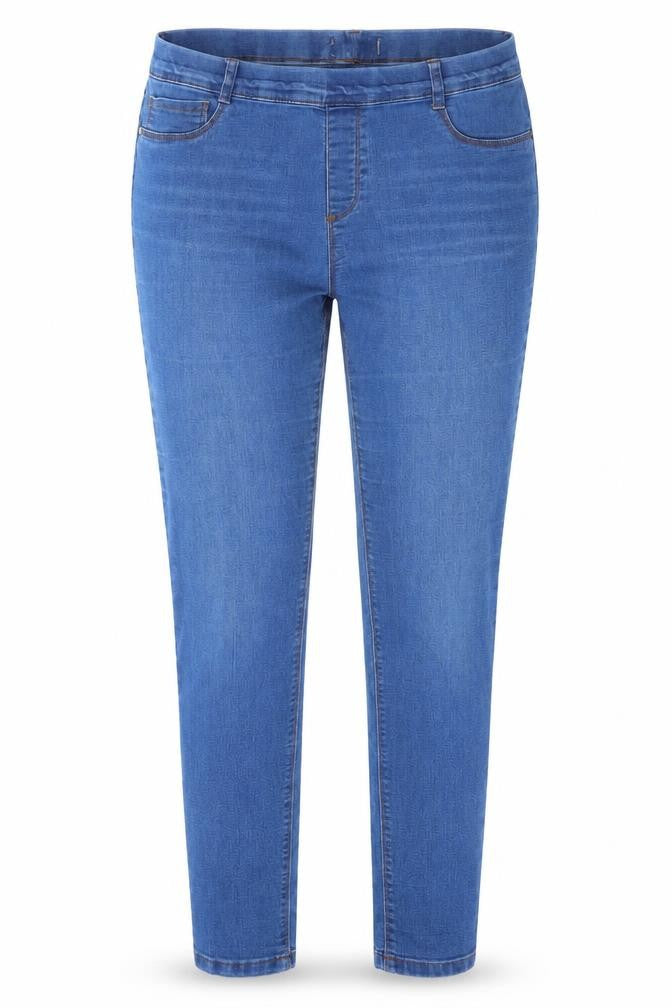 Front view of Preworn women’s blue denim jegging jeans, size UK 36, in, 27-inch leg