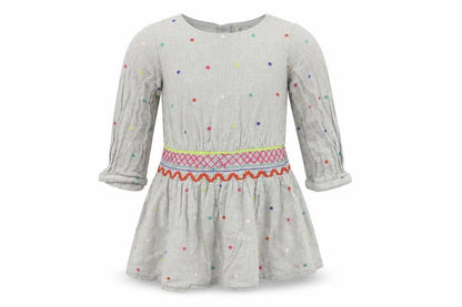 Front view of Next girls’ grey polka dot a-line, size 12, months
