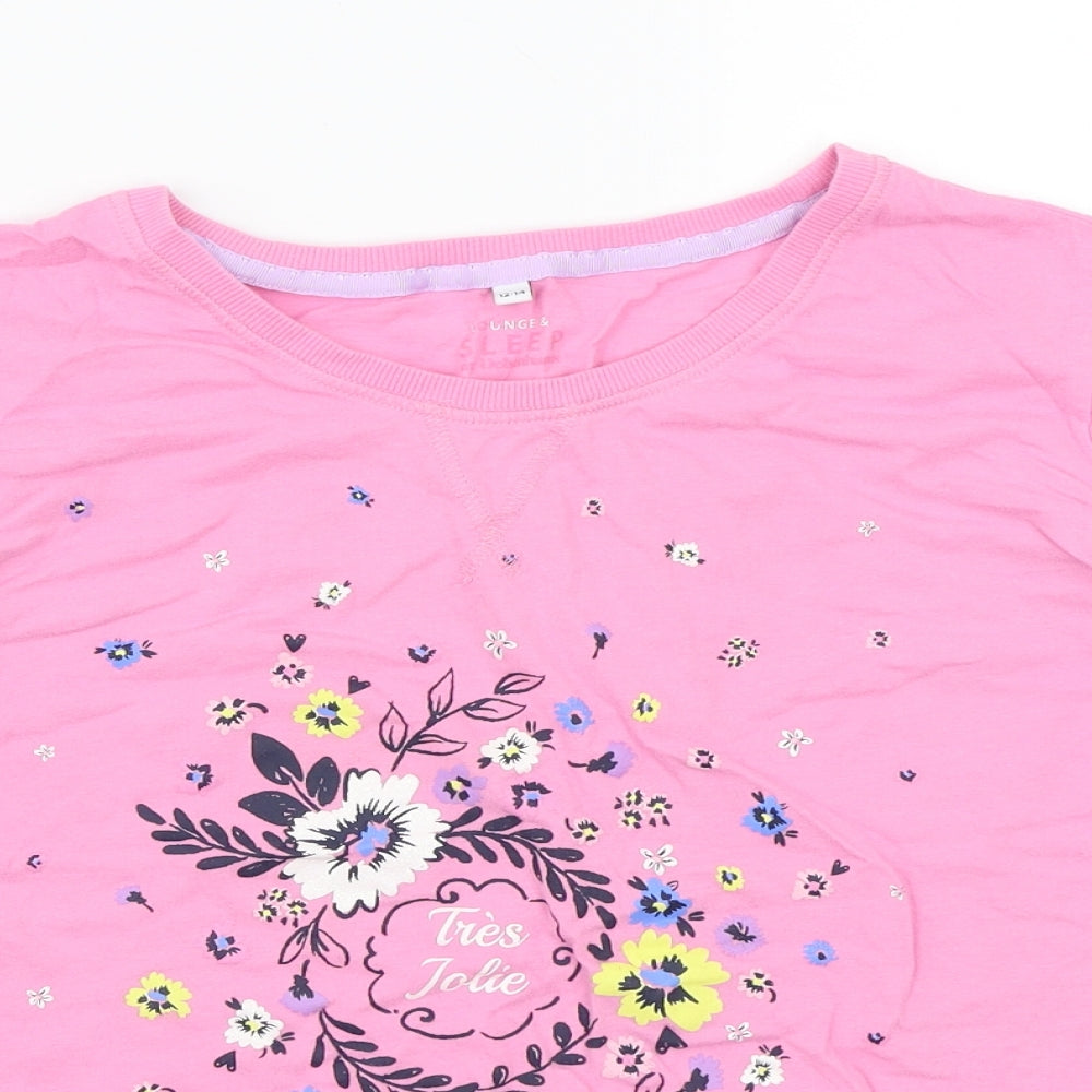 Close-up detail of lounge & sleep women’s pink floral basic t-shirt, size UK 12