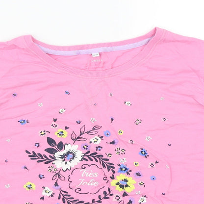 Close-up detail of lounge & sleep women’s pink floral basic t-shirt, size UK 12