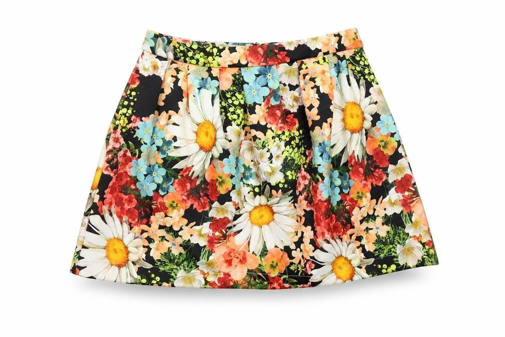 Front view of Danity women’s black floral a-line skirt, size S