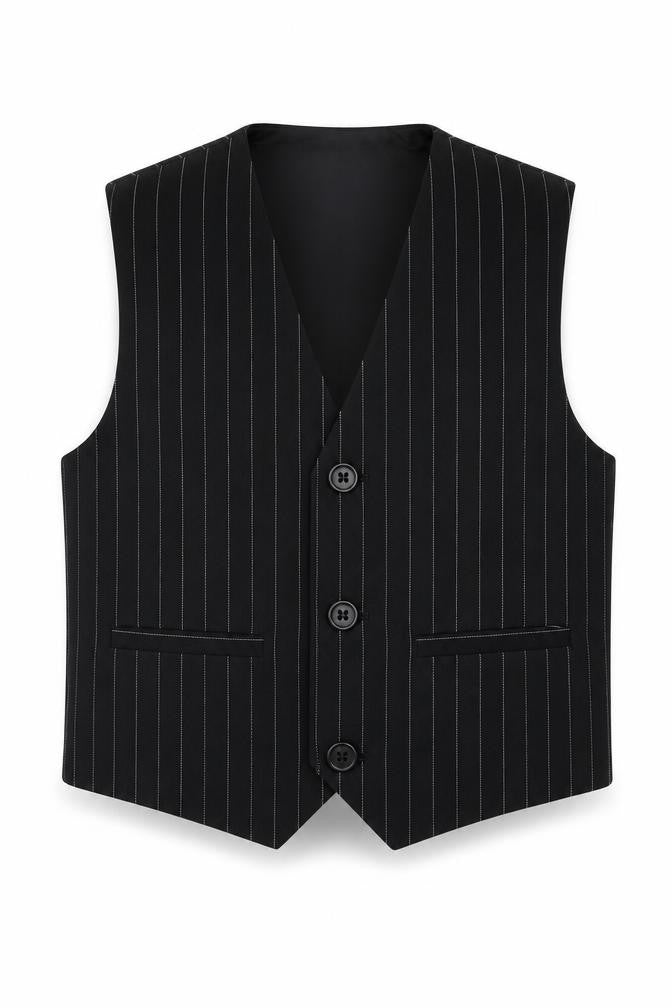 Front view of EST boys’ black striped jacket waistcoat, size 3, years