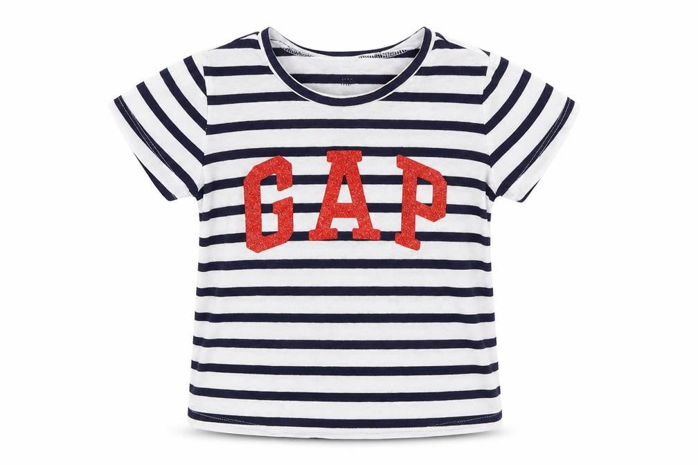 Front view of Gap girls’ white striped basic t-shirt, size 4, years