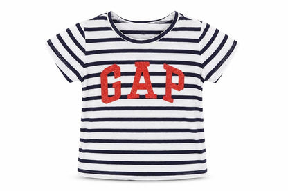 Front view of Gap girls’ white striped basic t-shirt, size 4, years