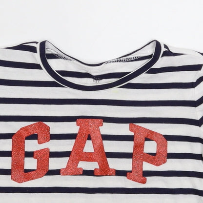Close-up detail of Gap girls’ white striped basic t-shirt, size 4, years