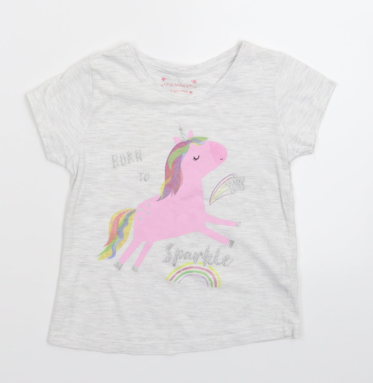 Front view of Primark girls’ grey basic t-shirt, size 4-5, years