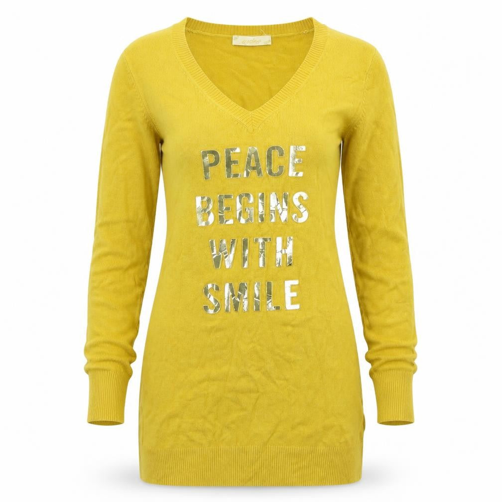 Front view of Whoo women’s yellow knit jumper, size UK 10