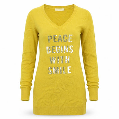 Front view of Whoo women’s yellow knit jumper, size UK 10