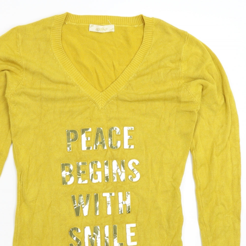 Close-up detail of Whoo women’s yellow knit jumper, size UK 10