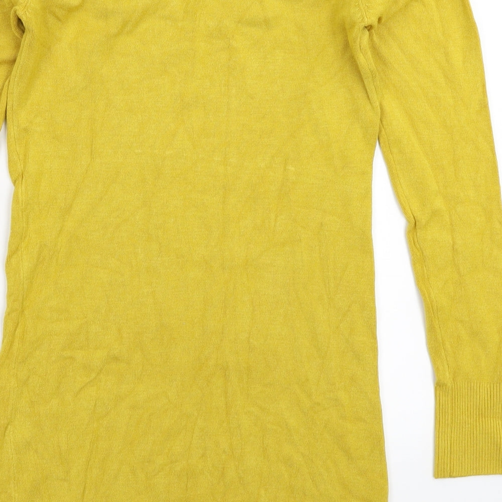 Brand and care label for Whoo women’s yellow knit jumper, size UK 10