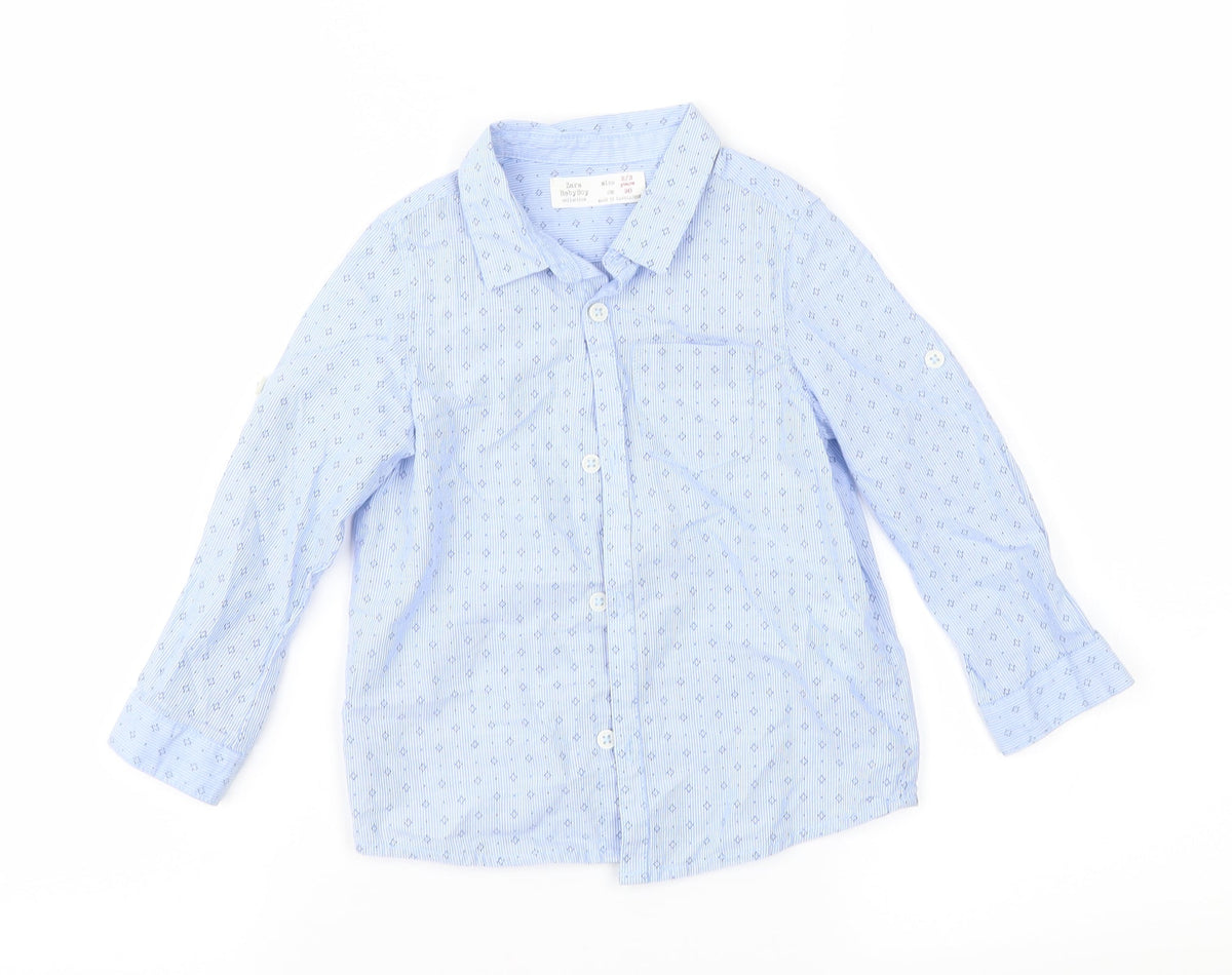 Front view of Zara boys’ blue geometric basic button-up, size 2-3, years