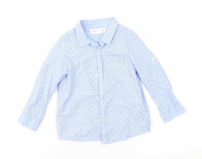 Front view of Zara boys’ blue geometric basic button-up, size 2-3, years
