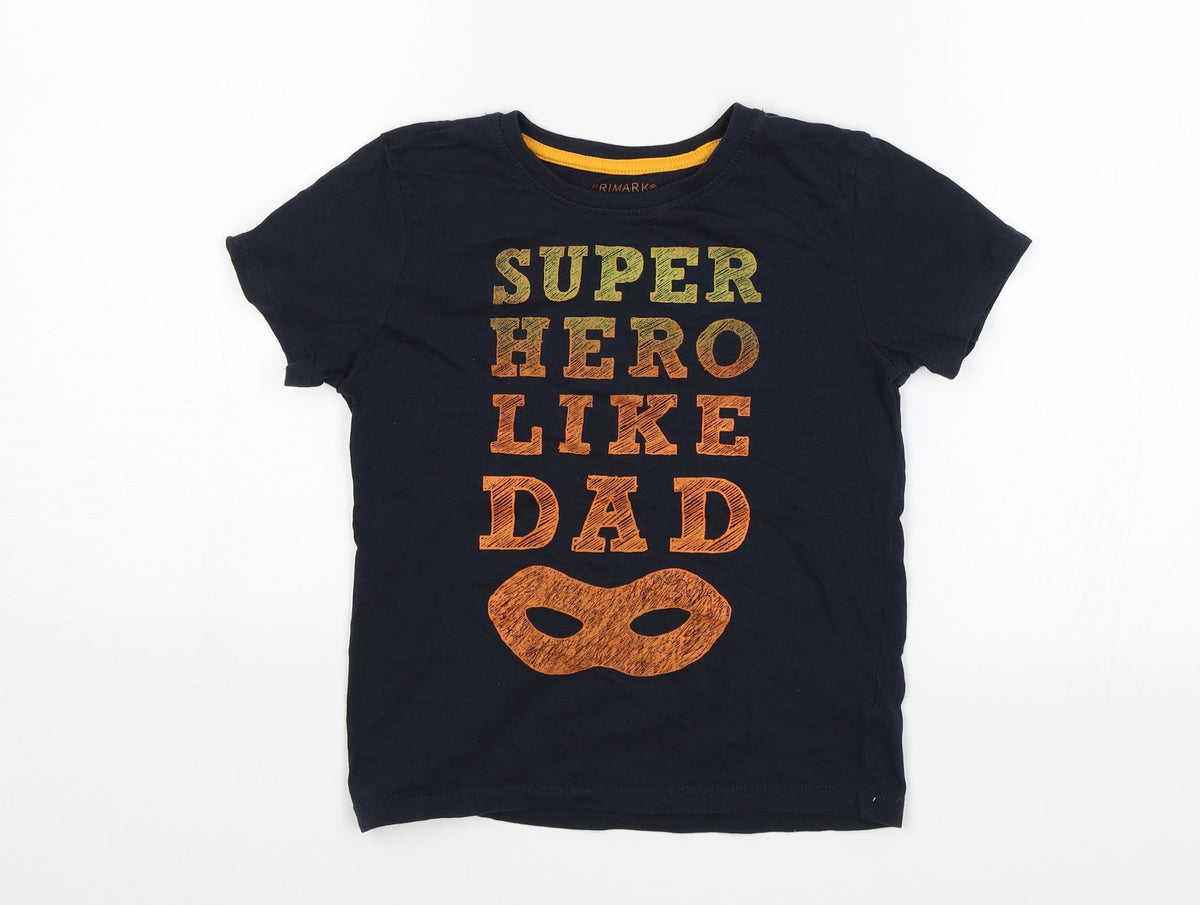 Front view of Primark boys’ blue basic t-shirt, size 4-5, years - super hero like dad