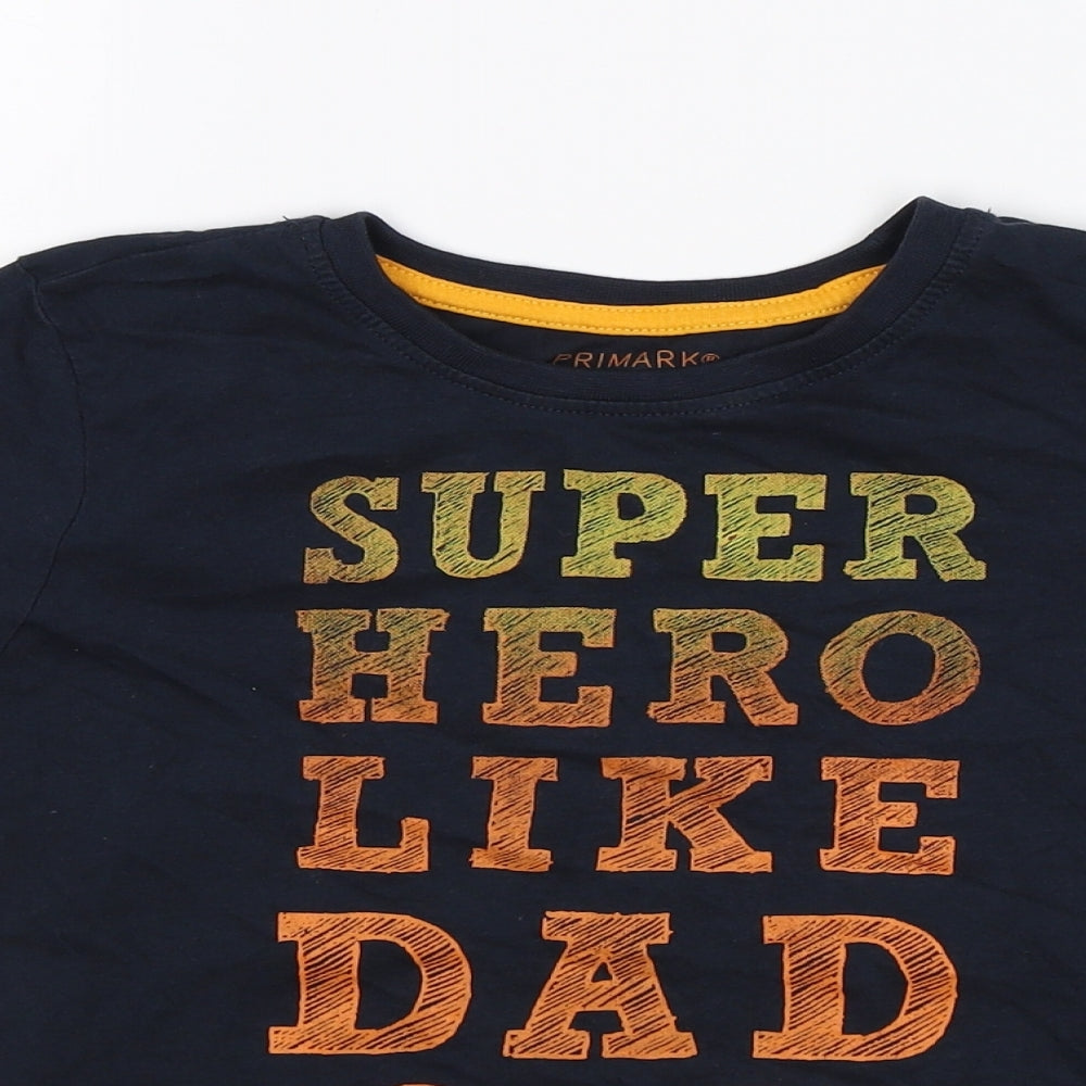 Close-up detail of Primark boys’ blue basic t-shirt, size 4-5, years - super hero like dad