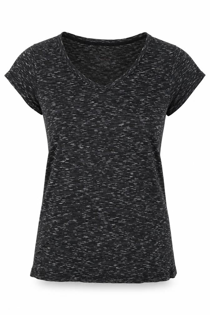 Front view of women’s black basic t-shirt, size UK 8