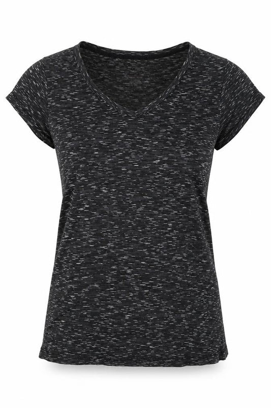 Front view of women’s black basic t-shirt, size UK 8
